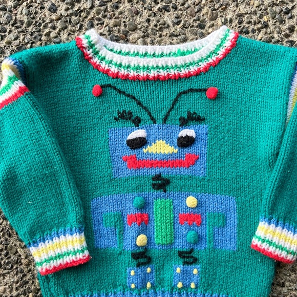 SOLD vintage handknit robot sweater , size 2T - Picture 6 of 6